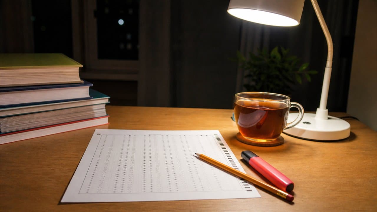 Sınav hazırlığı için ders kitapları, kalem ve optik cevap formu