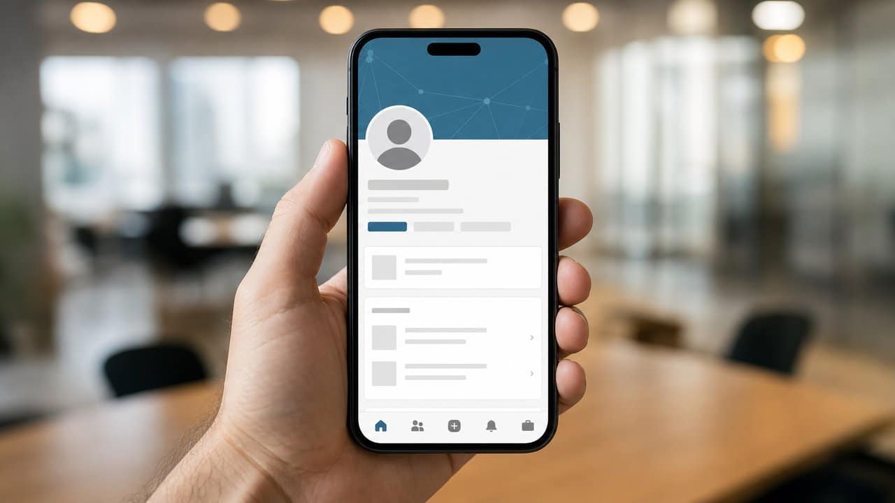 Elinde profesyonel ağ uygulaması profili açık akıllı telefon tutan kişi