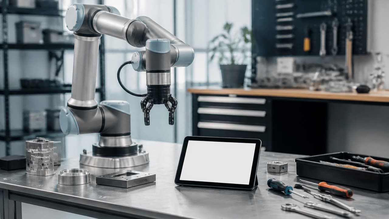 Atölyede robot kol ile el aletlerinin bulunduğu çalışma tezgâhı